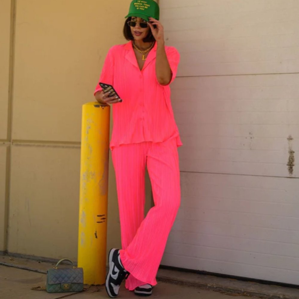 LIKE NEW LALA Brand The World is Yours Plissé Set in Electric Pink